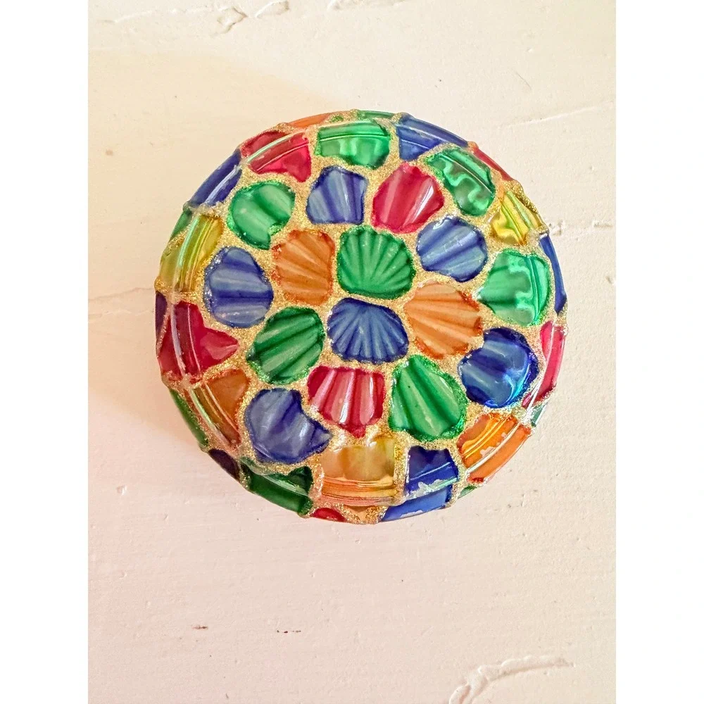 Vtg Style Hand Painted Glass Coaster Trinket Dish Set 4 Shell Mosaic Gold